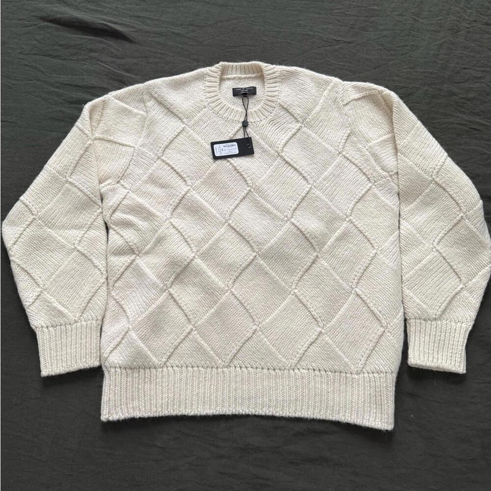 Hand-Knit Entrelac Wool Sweater Ivory
